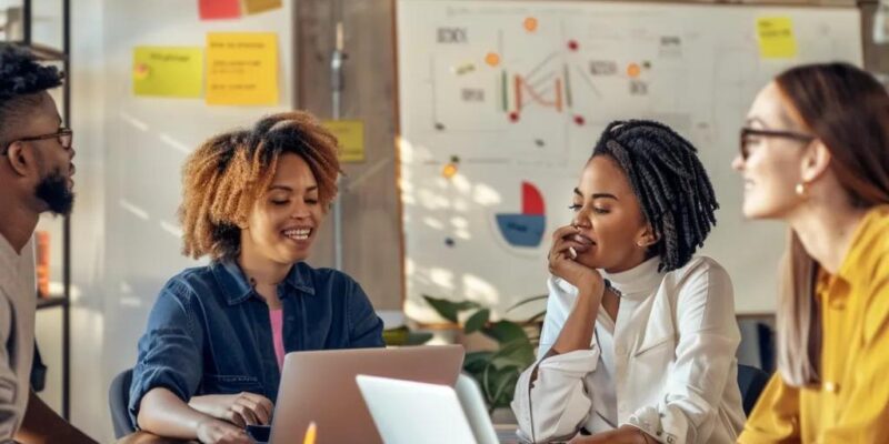 Professionals collaborating on press release strategies in a modern office