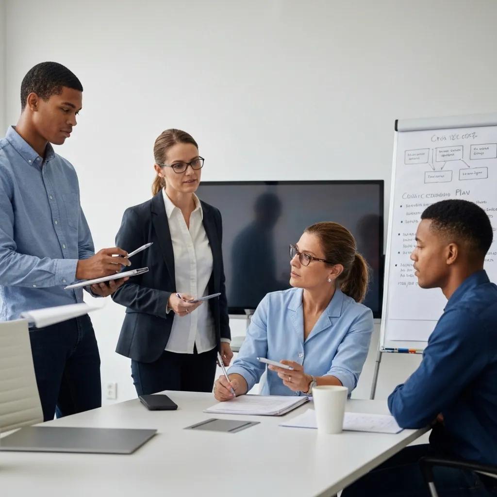 Professionals reviewing a crisis communication plan in a collaborative meeting